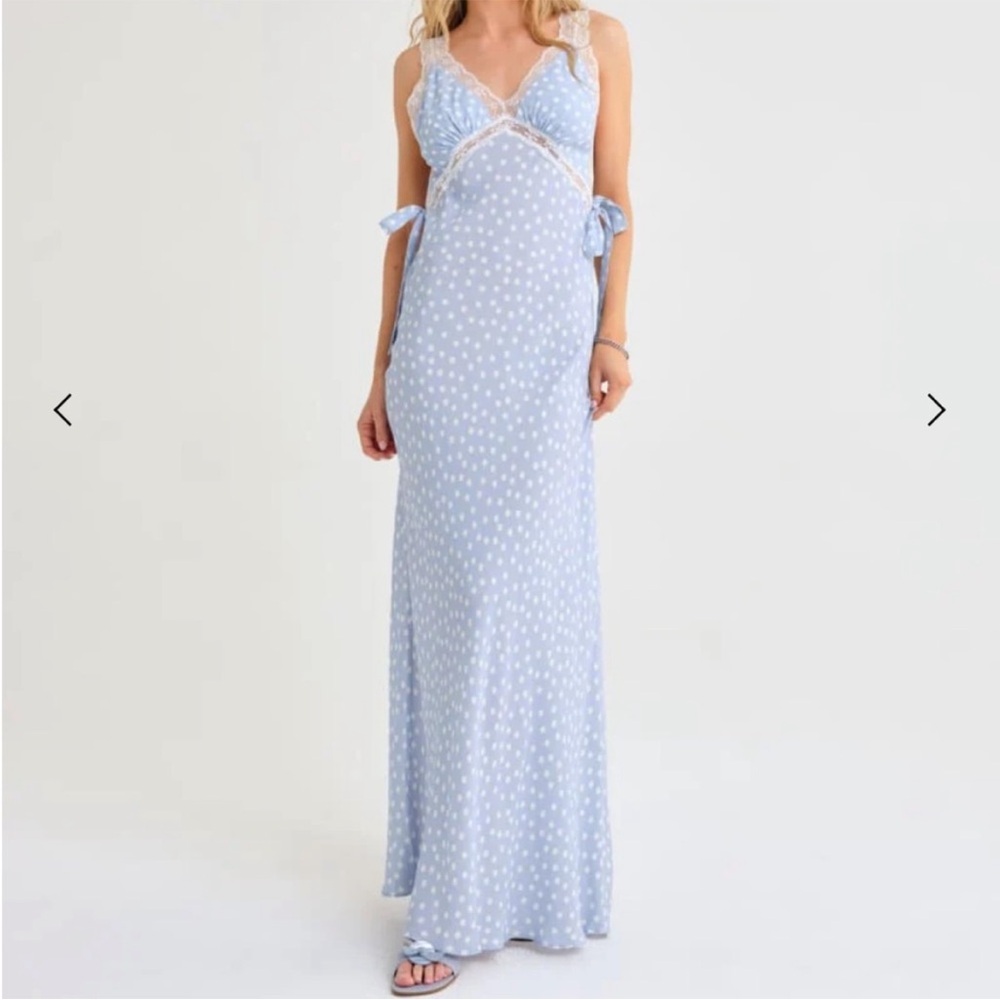 Rumored Pale Blue Polka Dot Maxi Dress with White Lace